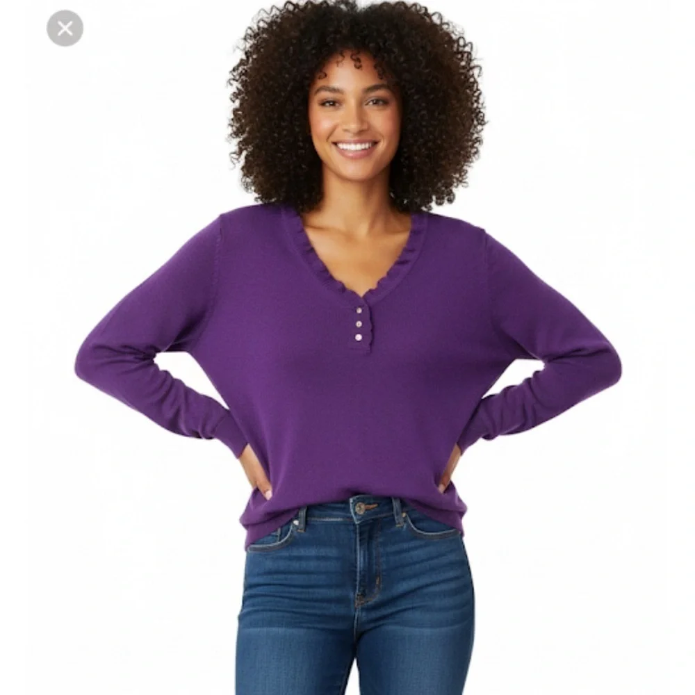 Lauren Ralph Lauren, purple ruffle V-neck collar Henley sweater size S - Picture 1 of 6